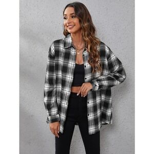 Plaid Print oversized drop Shoulder button down Shirt black white